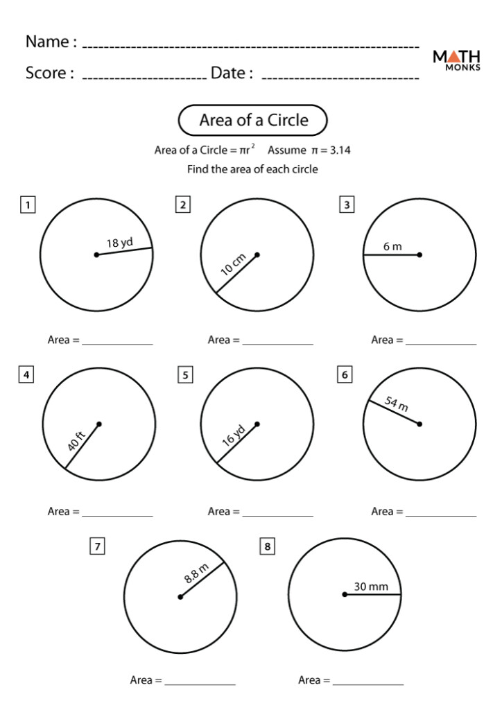 Area Of A Circle Worksheets Math Monks