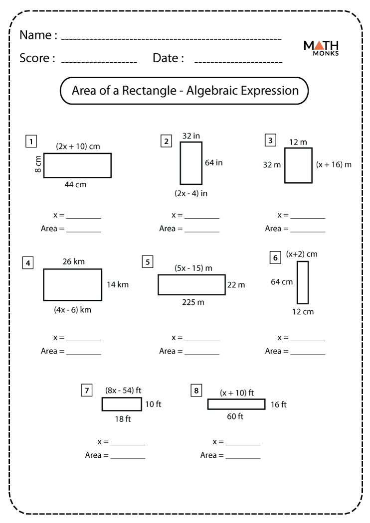 Area Of A Rectangle Algebraic Expression Worksheets Math Monks Area Of A Rectangle Algebraic Expression Worksheets Math Monks