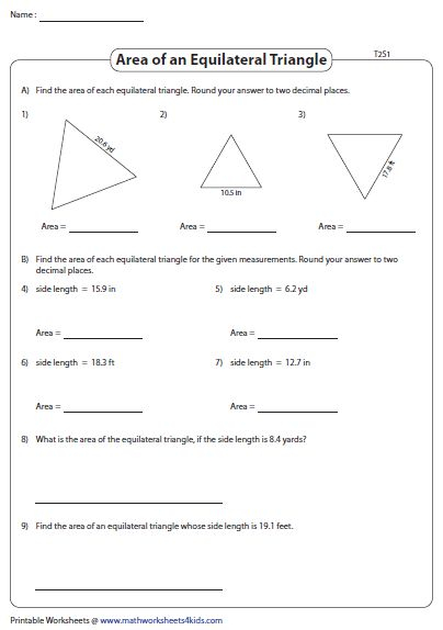 Area Of Equilateral Triangles Decimals Triangle Worksheet Triangle 