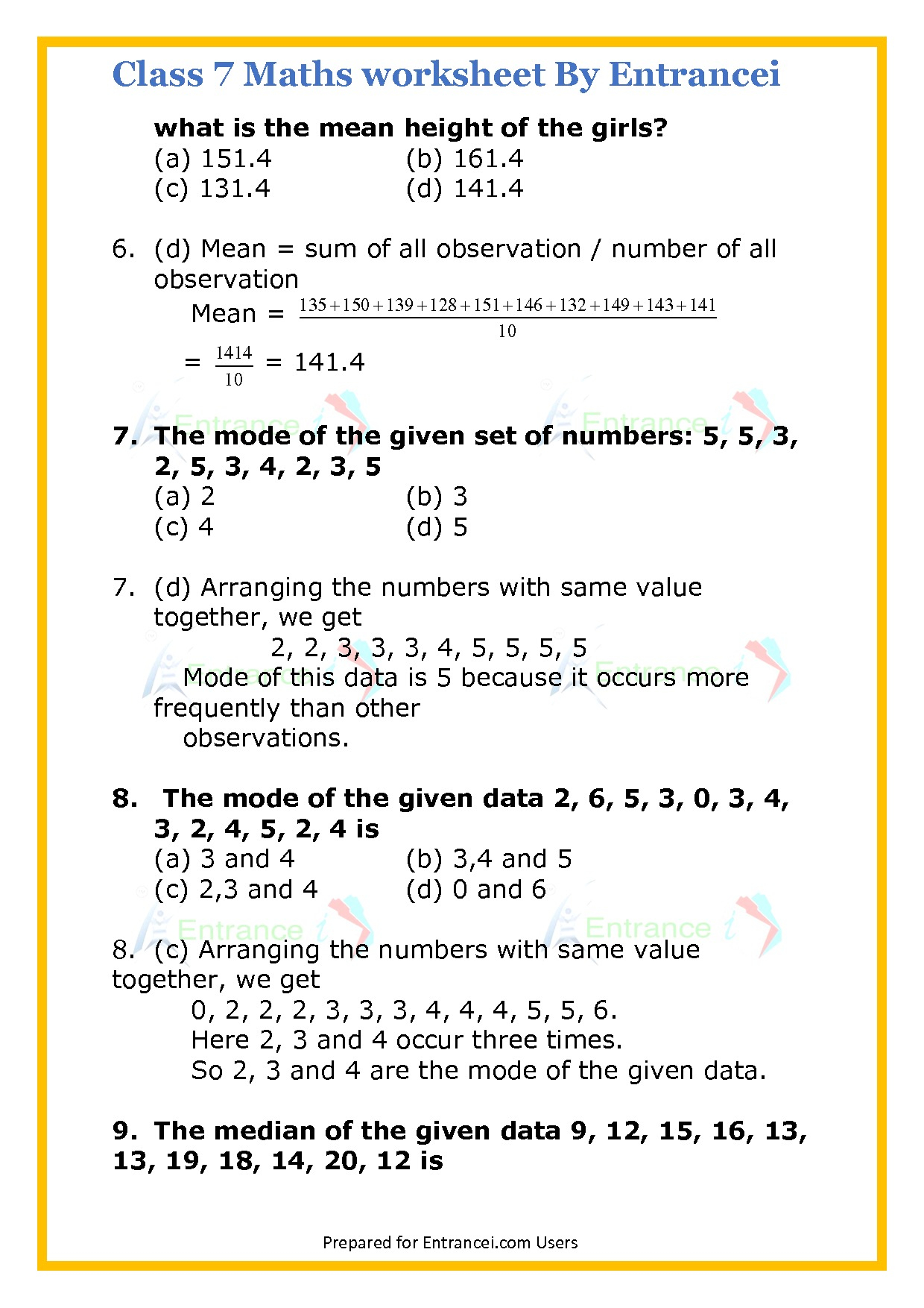 CBSE Class 7 Maths Worksheet For Chapter 3 Data Handling CBSE Class 7 Maths Worksheet For Chapter 3 Data Handling