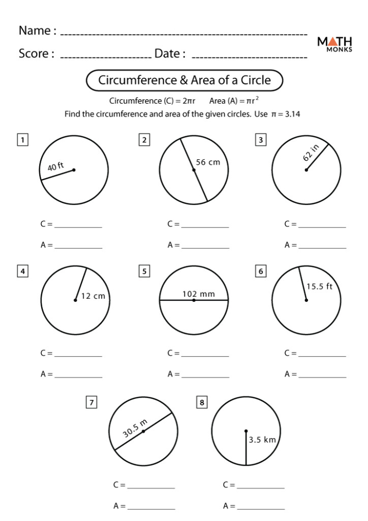 Circumference And Area Of A Circle Worksheet Math Monks