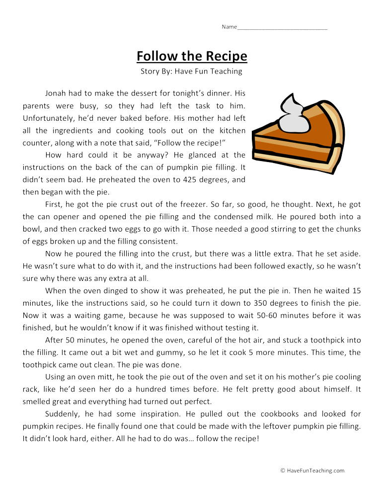 Follow The Recipe Reading Comprehension Worksheet Have Fun Teaching