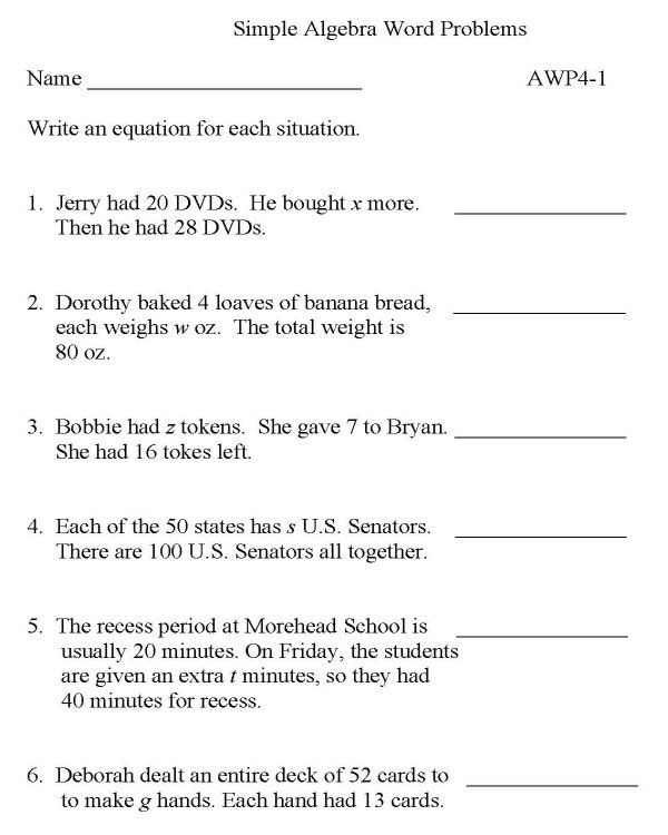 Simple Algebra Word Problems Worksheets Worksheets Master